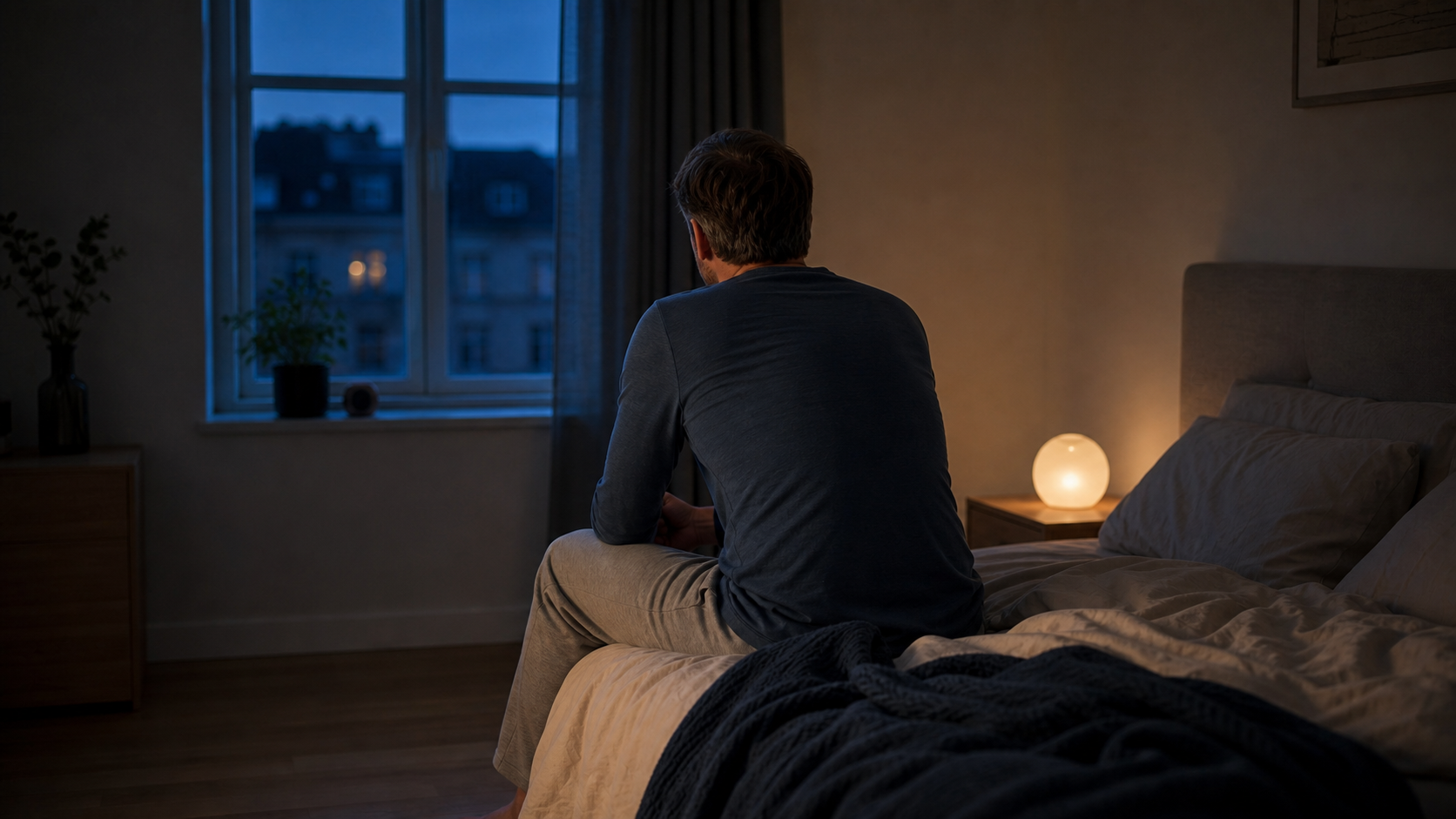 Adult seated on the edge of a softly lit bedroom at blue hour, seen from behind