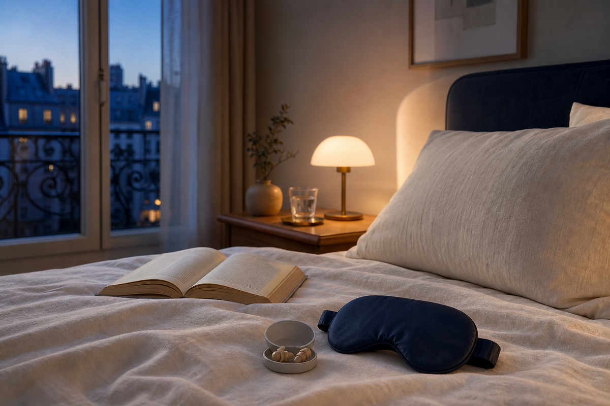 Ruhiges europäisches Schlafzimmer mit Schlafmaske, Ohrstöpseln und warmem Nachttischlicht