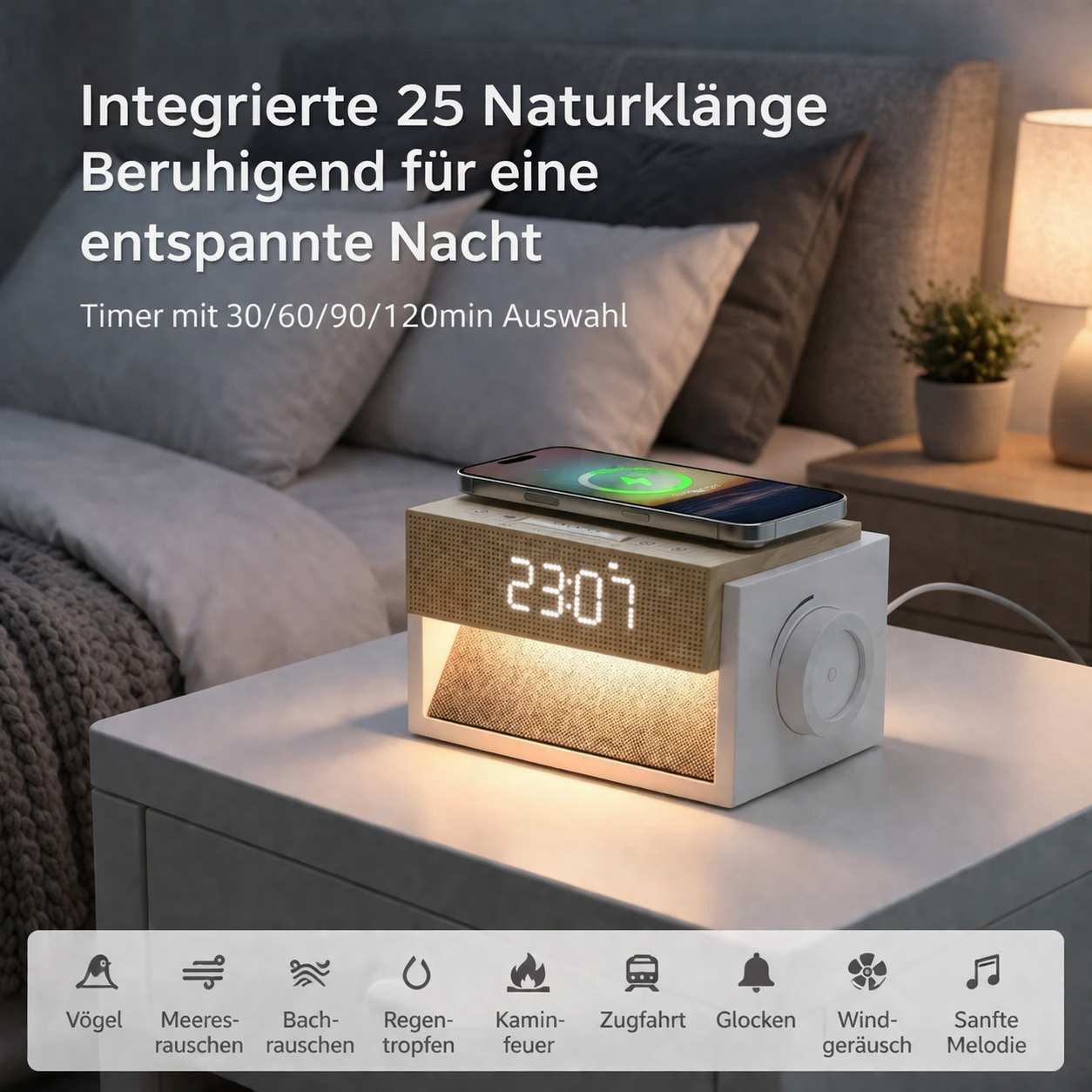 AuroraWake beige bedside unit viewed from the front