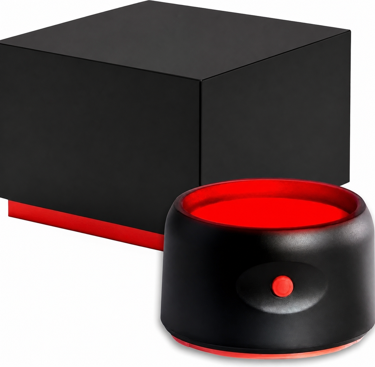 GlowDown red bedside light beside a neutral product box