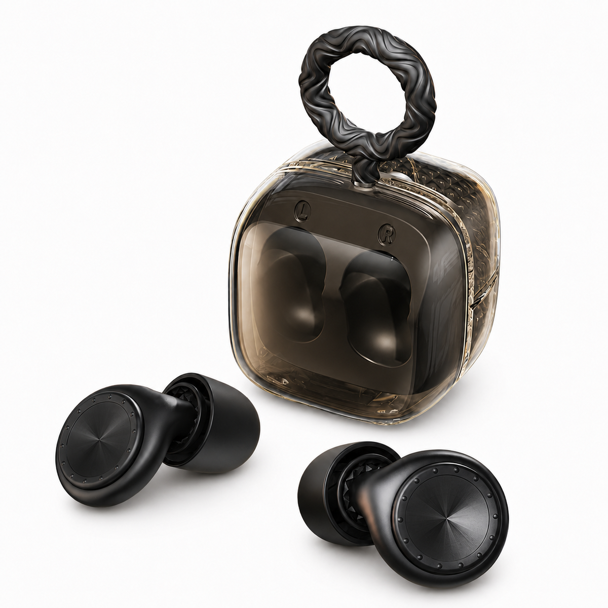 Black silicone earplugs with a clear carry case