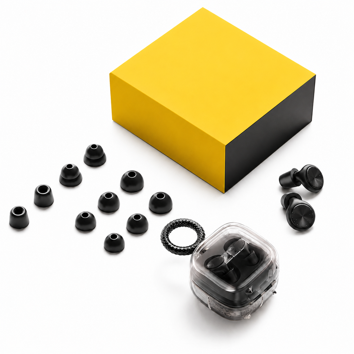 HushCore earplugs, silicone tips, carry case and neutral product box