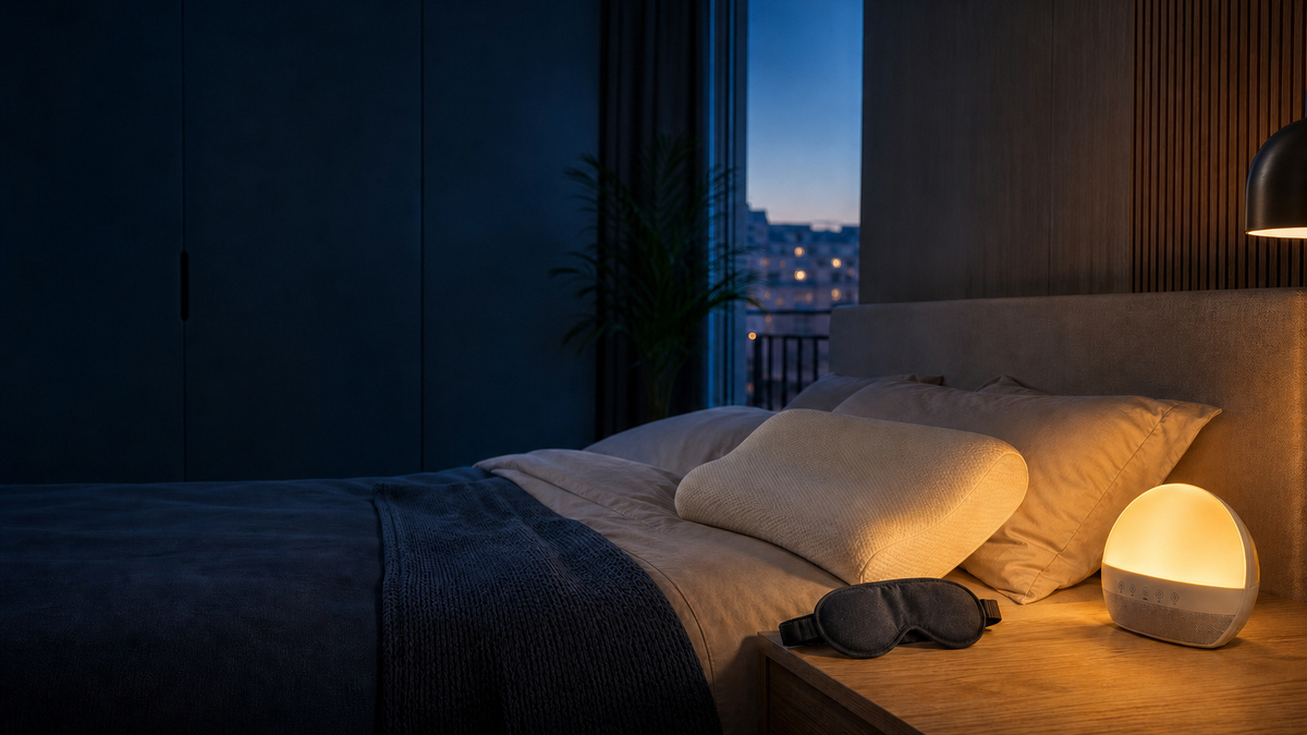 Ein ruhiges Schlafzimmer zur blauen Stunde mit praktischen Schlafprodukten.
