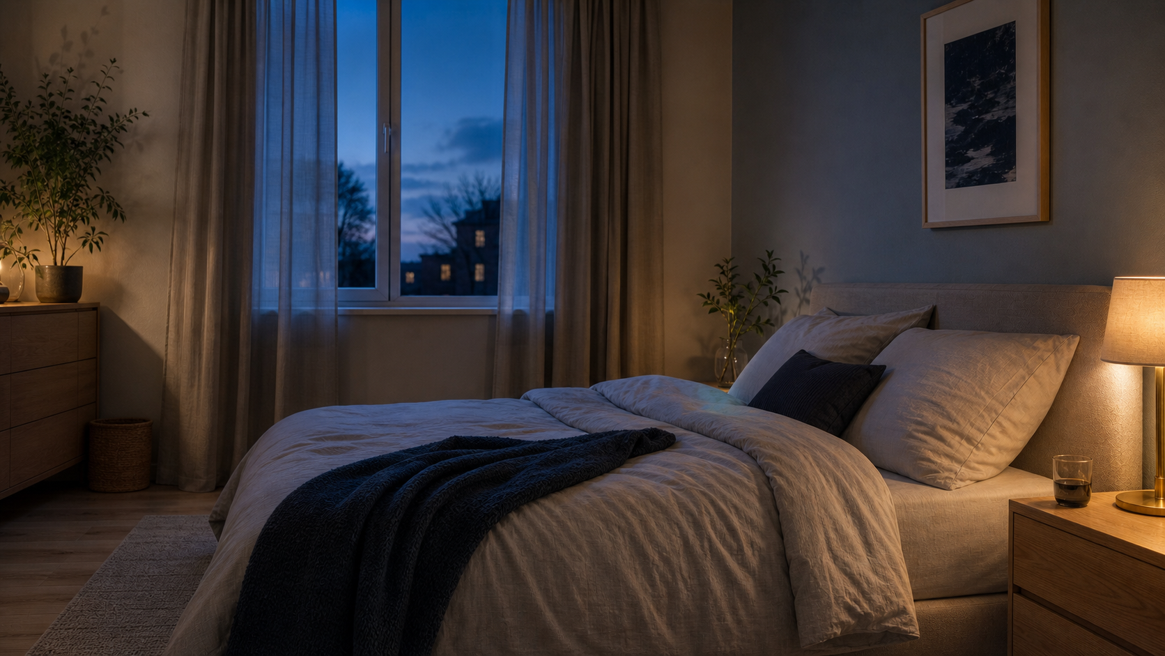 Calm blue-hour bedroom with layered curtains, a navy throw and a warm bedside lamp