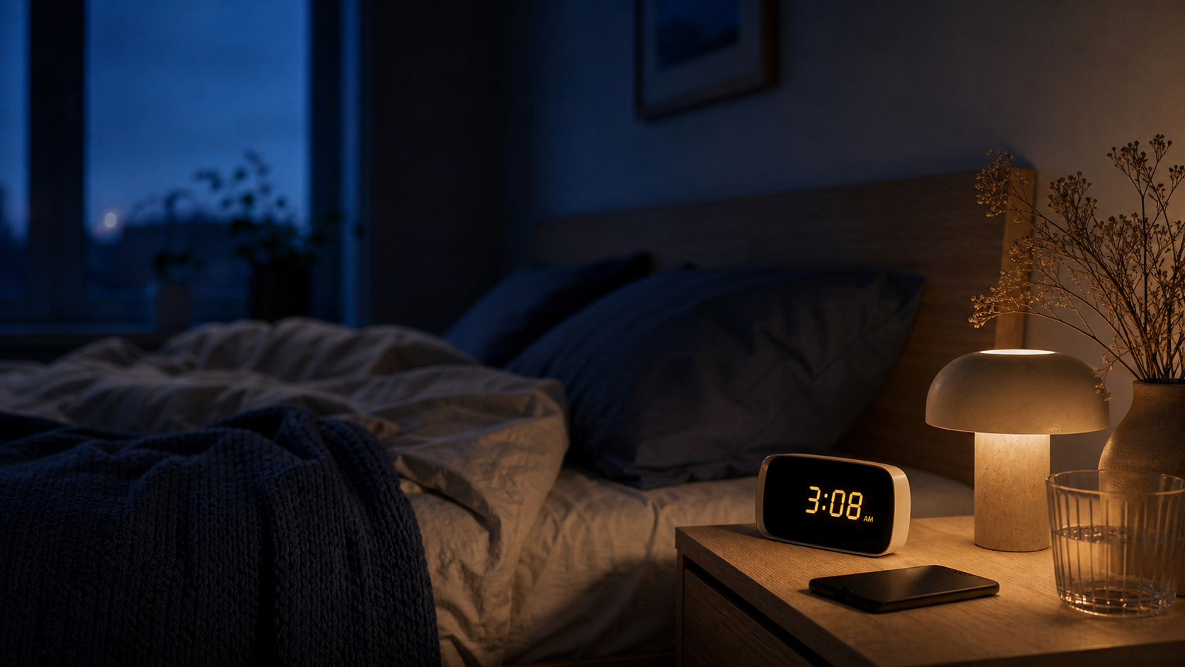 Blue-hour bedroom with a digital clock showing 3:08 on a warm-lit bedside table