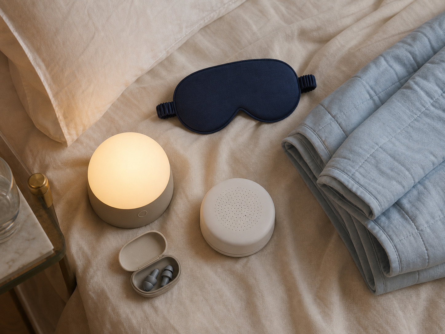 Curated sleep essentials arranged on soft ivory bedding