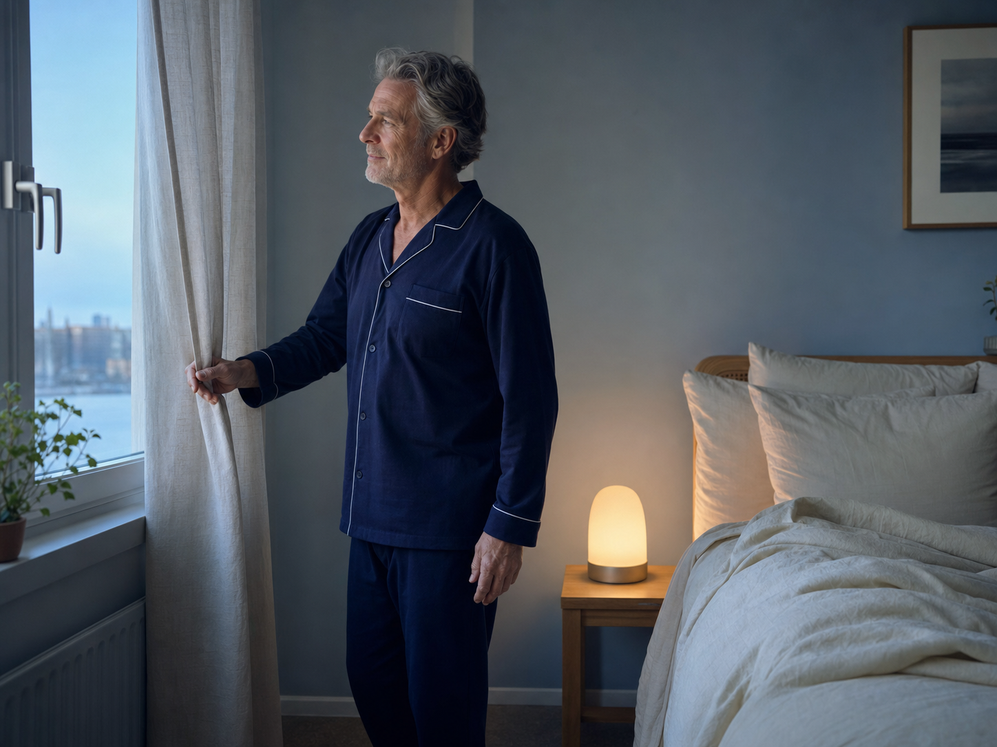 Older European man opening curtains beside a warm sunrise light