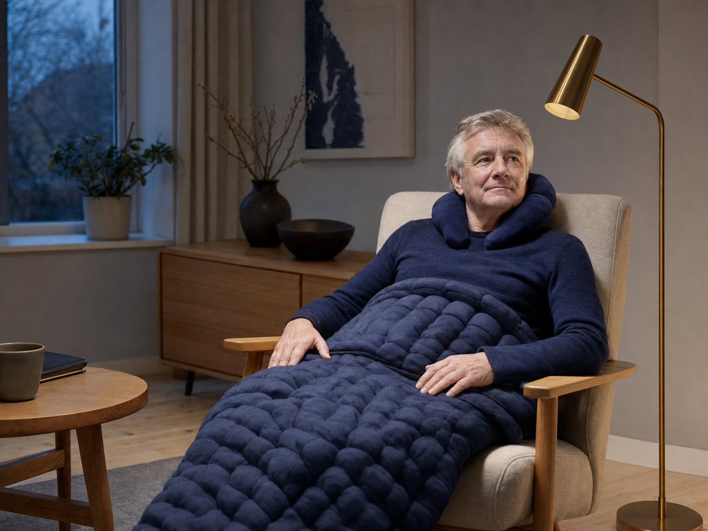 Older European man relaxing with a weighted blanket and neck cushion