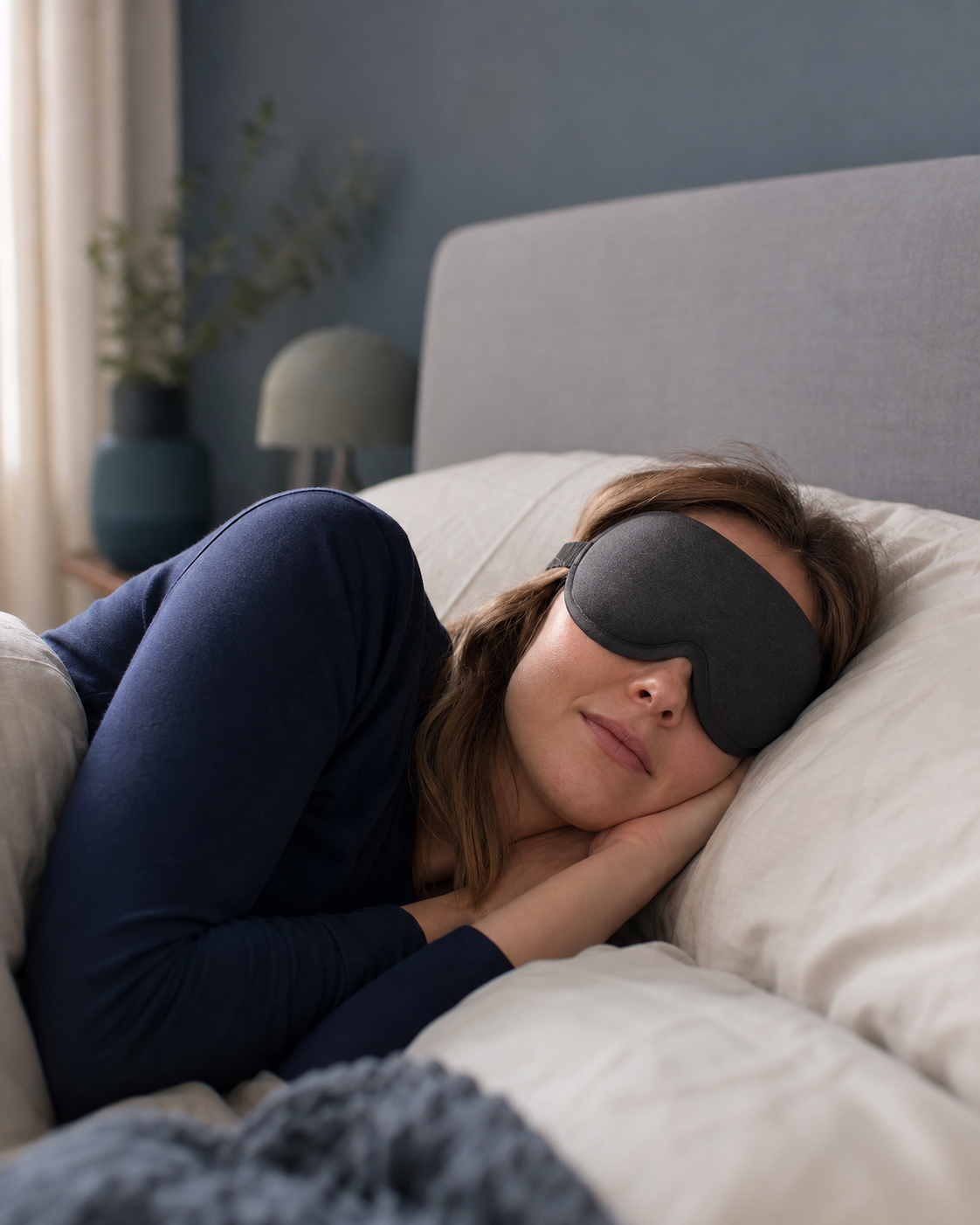 European adult resting comfortably in a contoured sleep mask