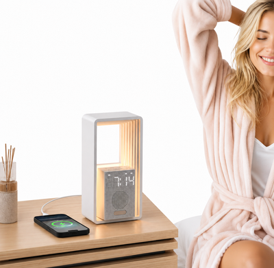 LumaTower Ambient warm frame light beside a bed