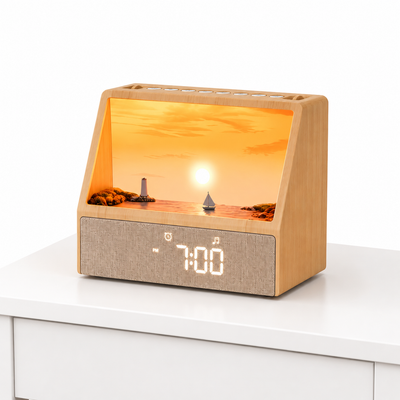 DawnScape bedside clock with sunset light scene