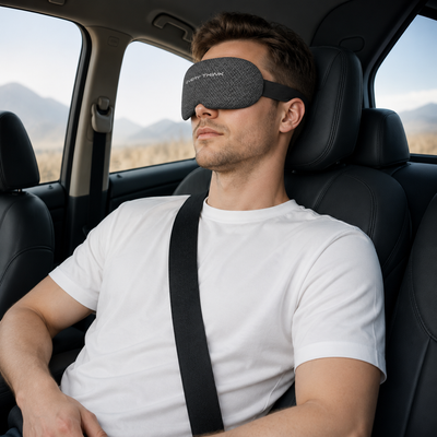 EveClipse black sleep mask shown in use