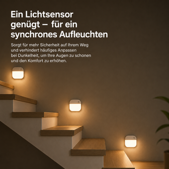 Three PathGlow night lights installed beside indoor stairs