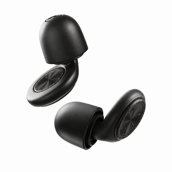 Exploded view of a black silicone earplug, tip and body